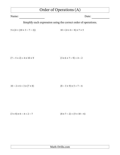 Order of Operations with Whole Numbers and No Exponents (Five Steps) (All)