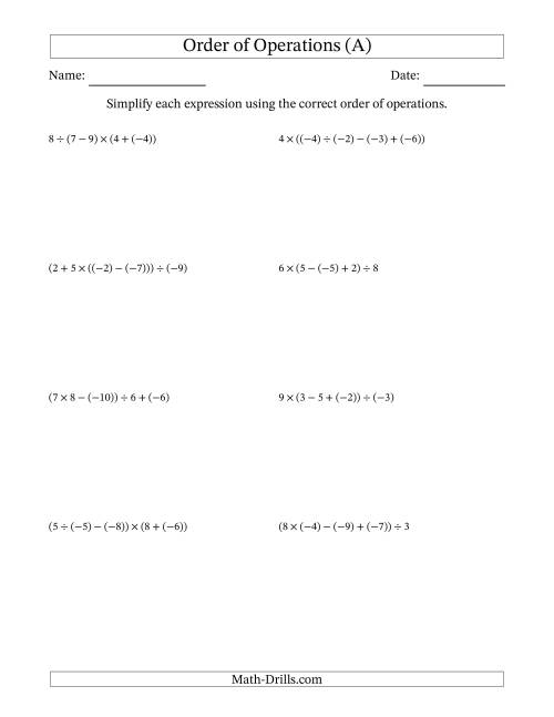 The Order of Operations with Negative and Positive Integers and No Exponents (Four Steps) (A) Math Worksheet