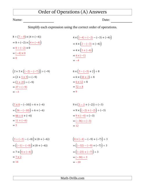 The Order of Operations with Negative and Positive Integers and No Exponents (Four Steps) (A) Math Worksheet Page 2