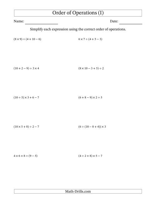 Order of Operations with Whole Numbers and No Exponents (Four Steps) (I)