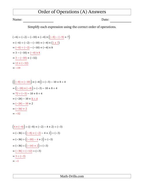 The Order of Operations with Negative and Positive Integers and No Exponents (Six Steps) (A) Math Worksheet Page 2