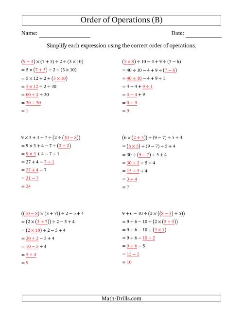 Order Of Operations With Whole Numbers And No Exponents (six Steps) (b)