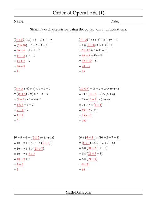 order of operations with whole numbers and no exponents six steps i