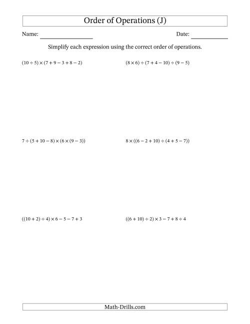 The Order of Operations with Whole Numbers and No Exponents (Six Steps) (J) Math Worksheet