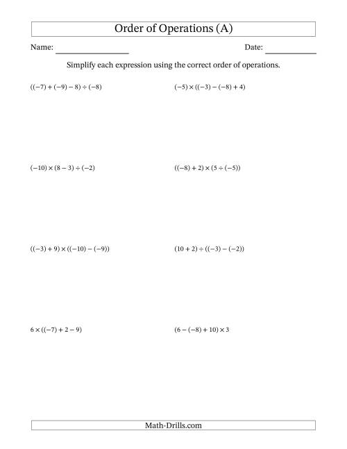 The Order of Operations with Negative and Positive Integers and No Exponents (Three Steps) (A) Math Worksheet