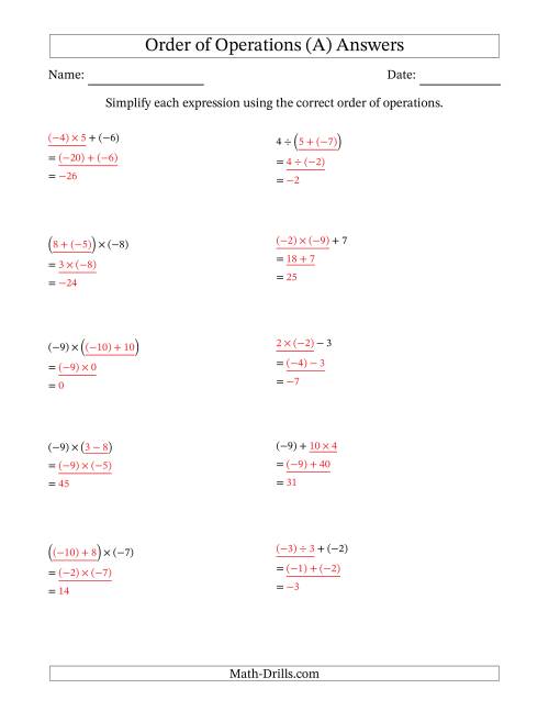 The Order of Operations with Negative and Positive Integers and No Exponents (Two Steps) (A) Math Worksheet Page 2