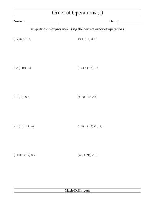 Order of Operations with Negative and Positive Integers and No