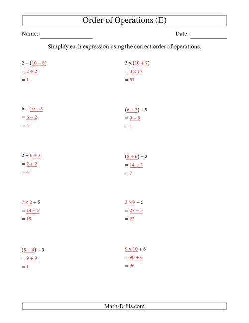 order of operations with whole numbers and no exponents two steps e