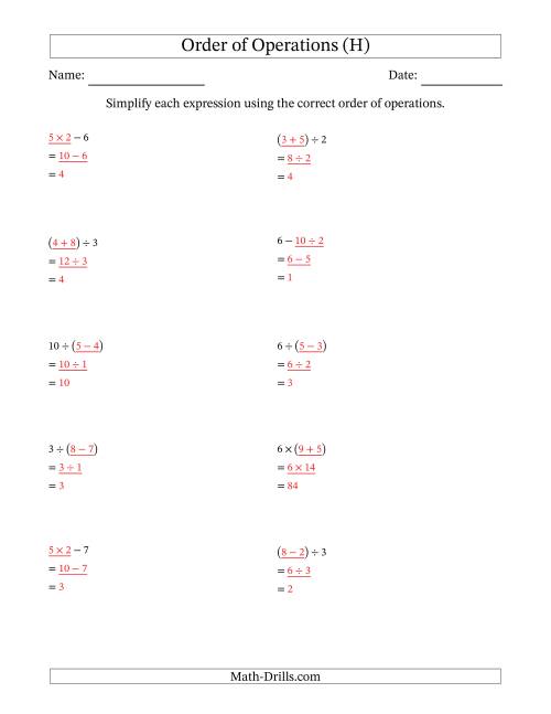 The Order of Operations with Whole Numbers and No Exponents (Two Steps) (H) Math Worksheet Page 2