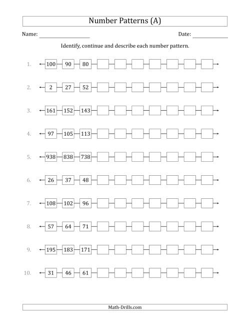 The Identifying, Continuing and Describing Increasing and Decreasing Number Patterns (First 3 Numbers Shown) (A) Math Worksheet