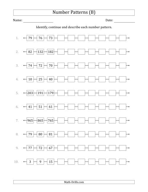 The Identifying, Continuing and Describing Increasing and Decreasing Number Patterns (First 3 Numbers Shown) (B) Math Worksheet
