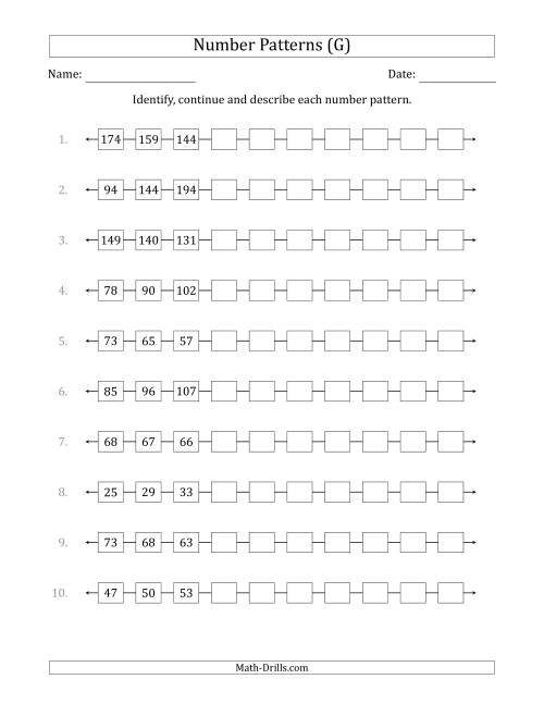 The Identifying, Continuing and Describing Increasing and Decreasing Number Patterns (First 3 Numbers Shown) (G) Math Worksheet