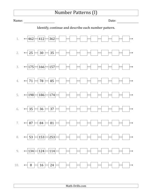 The Identifying, Continuing and Describing Increasing and Decreasing Number Patterns (First 3 Numbers Shown) (I) Math Worksheet