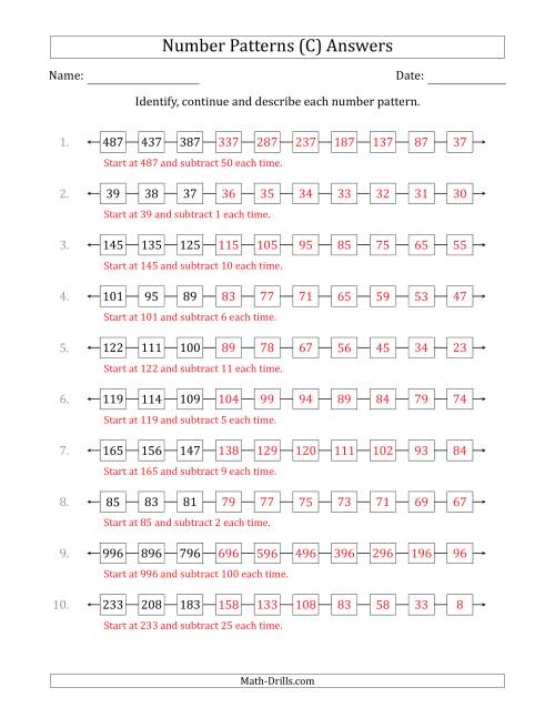 The Identifying, Continuing and Describing Decreasing Number Patterns (First 3 Numbers Shown) (C) Math Worksheet Page 2