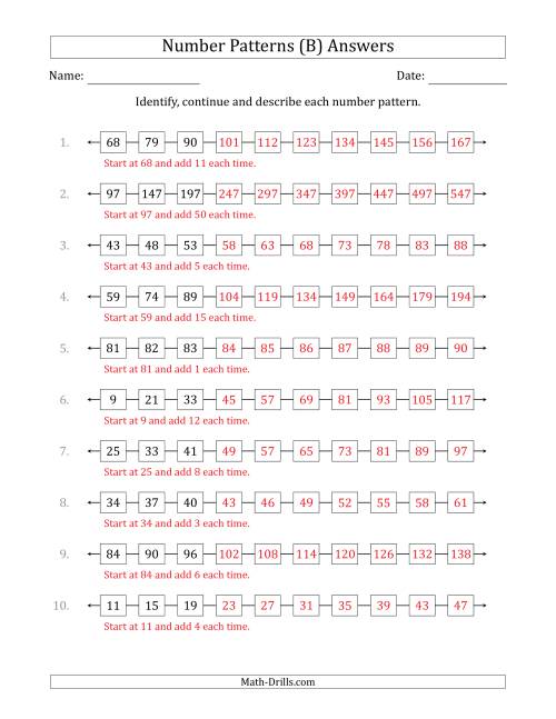 The Identifying, Continuing and Describing Increasing Number Patterns (First 3 Numbers Shown) (B) Math Worksheet Page 2
