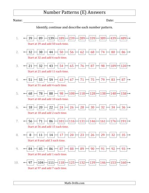 The Identifying, Continuing and Describing Increasing Number Patterns (First 3 Numbers Shown) (E) Math Worksheet Page 2