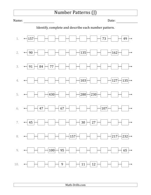The Identifying, Continuing and Describing Increasing and Decreasing Number Patterns (Random 3 Numbers Shown) (J) Math Worksheet