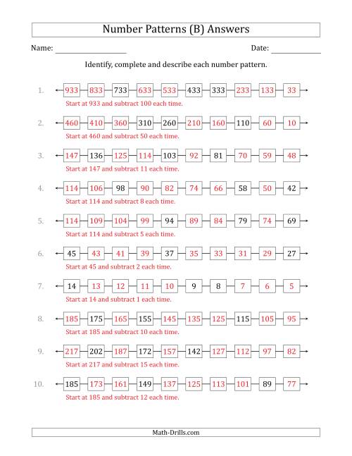 The Identifying, Continuing and Describing Decreasing Number Patterns (Random 3 Numbers Shown) (B) Math Worksheet Page 2