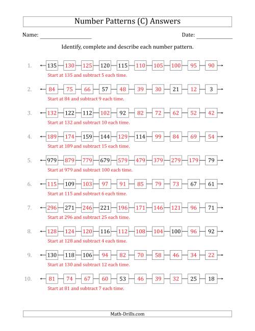 The Identifying, Continuing and Describing Decreasing Number Patterns (Random 3 Numbers Shown) (C) Math Worksheet Page 2