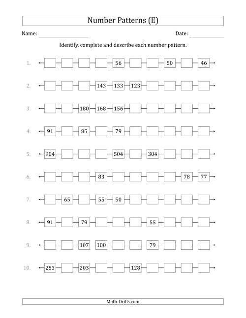 The Identifying, Continuing and Describing Decreasing Number Patterns (Random 3 Numbers Shown) (E) Math Worksheet