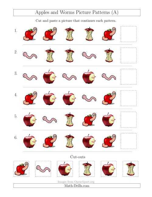 The Apples and Worms Picture Patterns with Shape Attribute Only (A) Math Worksheet