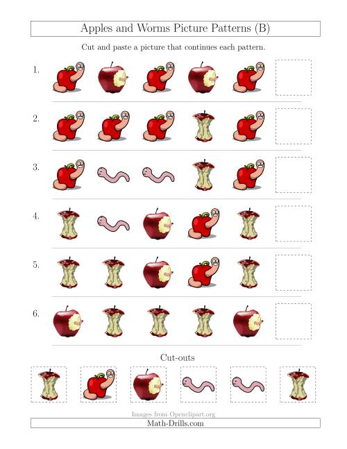 The Apples and Worms Picture Patterns with Shape Attribute Only (B) Math Worksheet