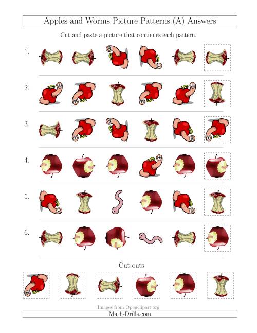 The Apples and Worms Picture Patterns with Shape and Rotation Attributes (A) Math Worksheet Page 2