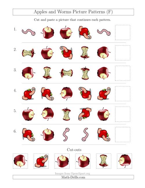 The Apples and Worms Picture Patterns with Shape and Rotation Attributes (F) Math Worksheet