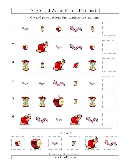 The Apples and Worms Picture Patterns with Shape and Size Attributes (J) Math Worksheet