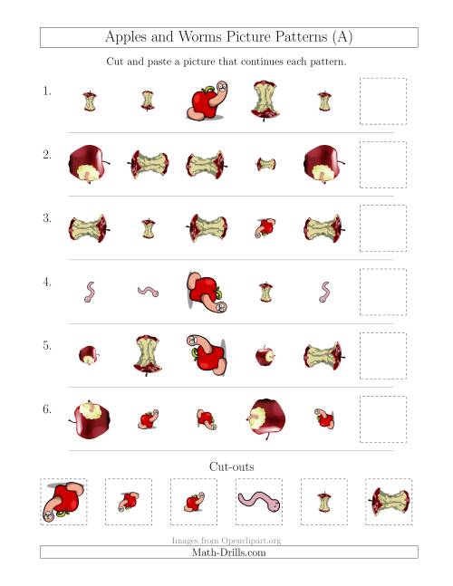 The Apples and Worms Picture Patterns with Shape, Size and Rotation Attributes (A) Math Worksheet