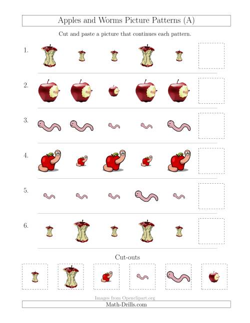 The Apples and Worms Picture Patterns with Size Attribute Only (A) Math Worksheet
