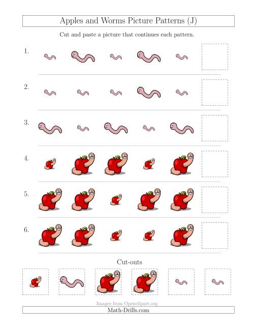 The Apples and Worms Picture Patterns with Size Attribute Only (J) Math Worksheet
