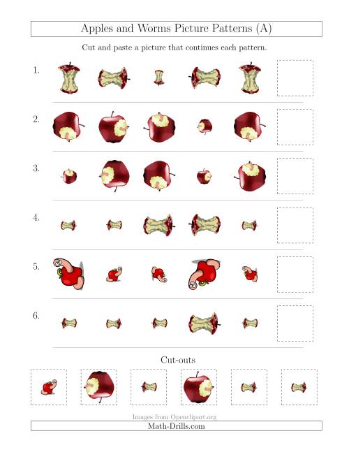 The Apples and Worms Picture Patterns with Size and Rotation Attributes (A) Math Worksheet