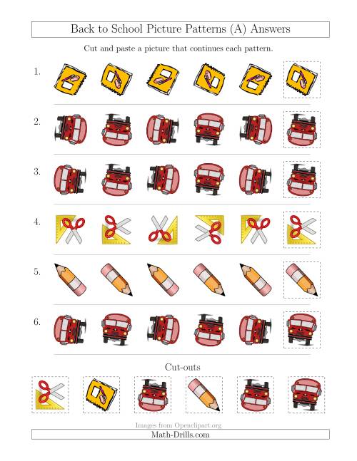 The Back to School Picture Patterns with Rotation Attribute Only (A) Math Worksheet Page 2