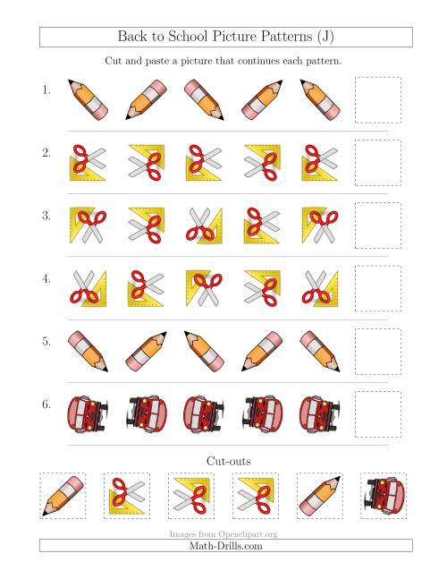 The Back to School Picture Patterns with Rotation Attribute Only (J) Math Worksheet