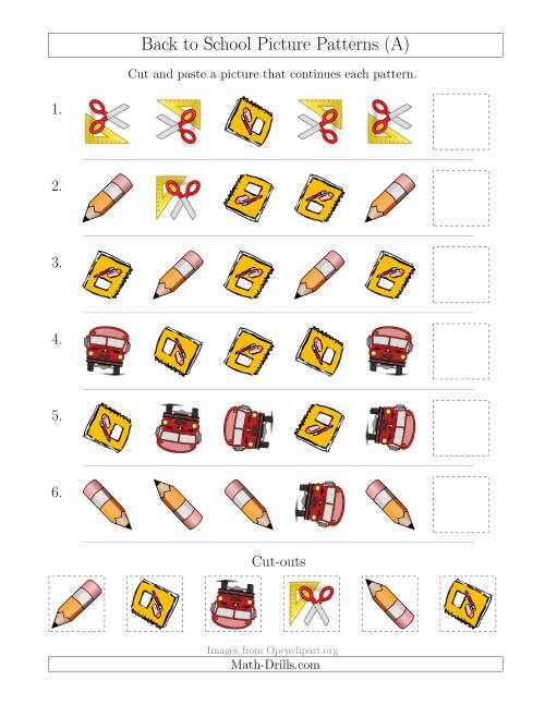 The Back to School Picture Patterns with Shape and Rotation Attributes (A) Math Worksheet
