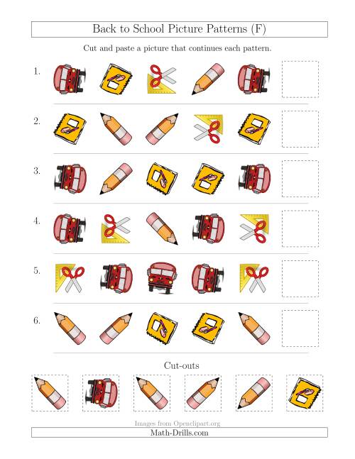 The Back to School Picture Patterns with Shape and Rotation Attributes (F) Math Worksheet