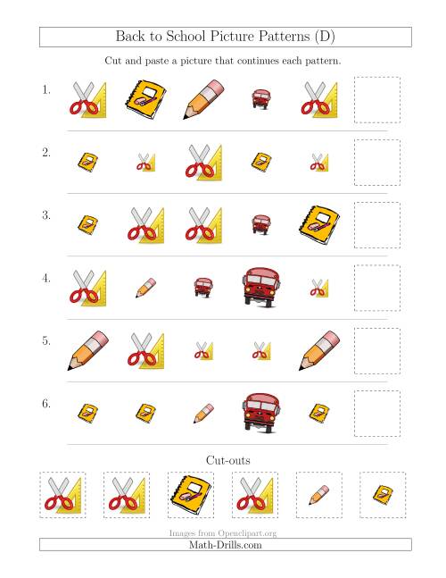The Back to School Picture Patterns with Shape and Size Attributes (D) Math Worksheet