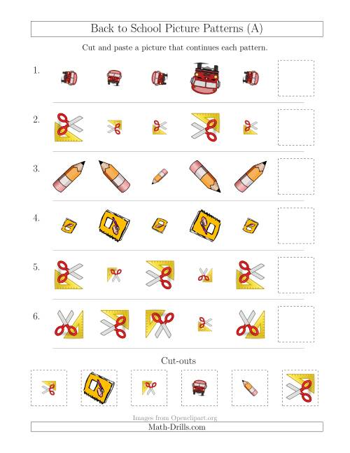 The Back to School Picture Patterns with Size and Rotation Attributes (A) Math Worksheet