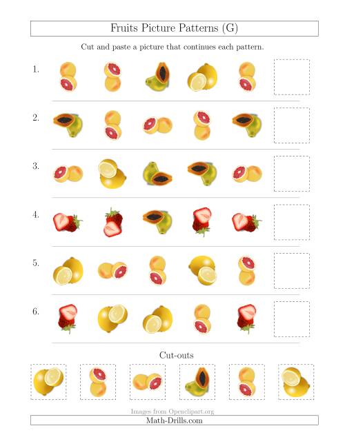 The Fruits Picture Patterns with Shape and Rotation Attributes (G) Math Worksheet