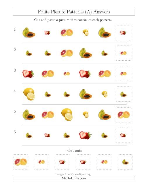 The Fruits Picture Patterns with Shape and Size Attributes (A) Math Worksheet Page 2