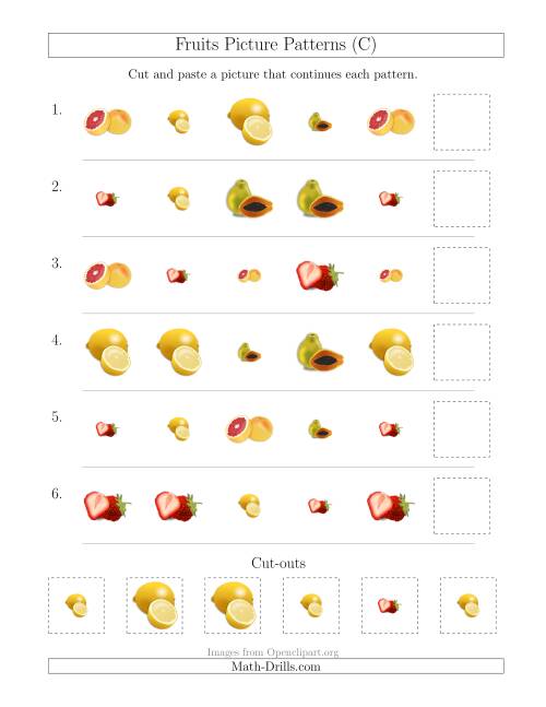 The Fruits Picture Patterns with Shape and Size Attributes (C) Math Worksheet