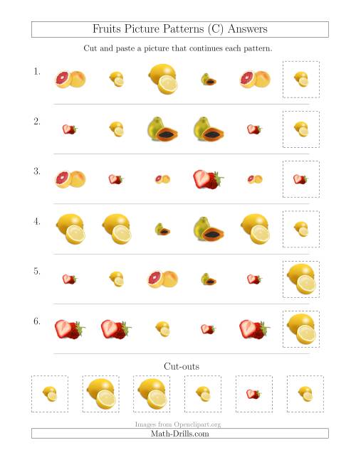The Fruits Picture Patterns with Shape and Size Attributes (C) Math Worksheet Page 2