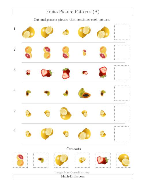 The Fruits Picture Patterns with Size and Rotation Attributes (A) Math Worksheet