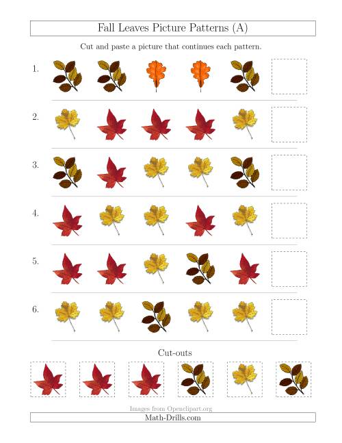 The Fall Leaves Picture Patterns with Shape Attribute Only (A) Math Worksheet