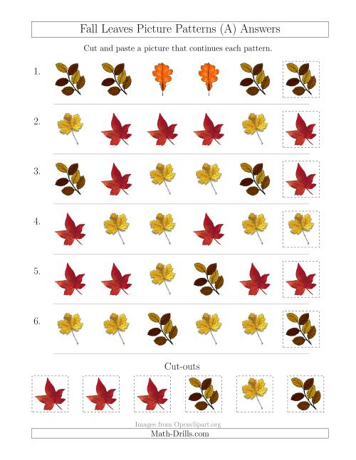 The Fall Leaves Picture Patterns with Shape Attribute Only (A) Math Worksheet Page 2