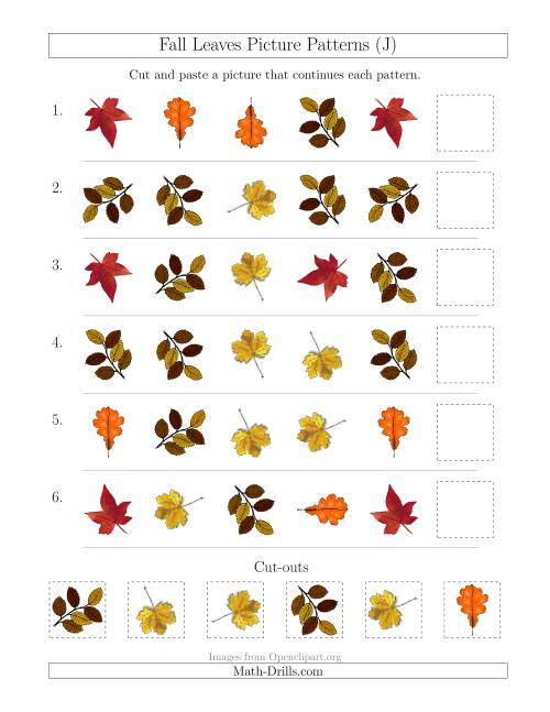 The Fall Leaves Picture Patterns with Shape and Rotation Attributes (J) Math Worksheet