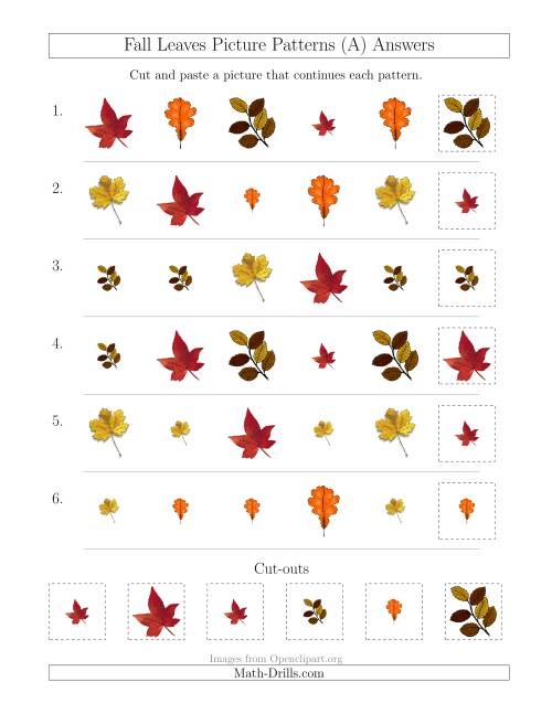 The Fall Leaves Picture Patterns with Shape and Size Attributes (A) Math Worksheet Page 2
