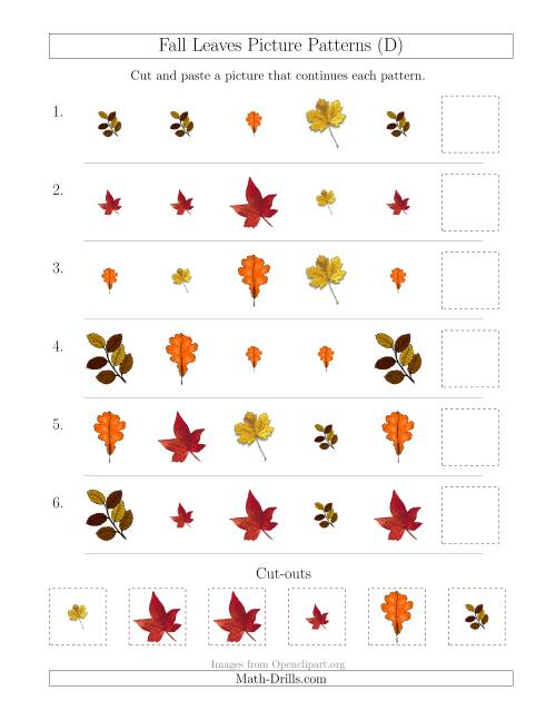 The Fall Leaves Picture Patterns with Shape and Size Attributes (D) Math Worksheet