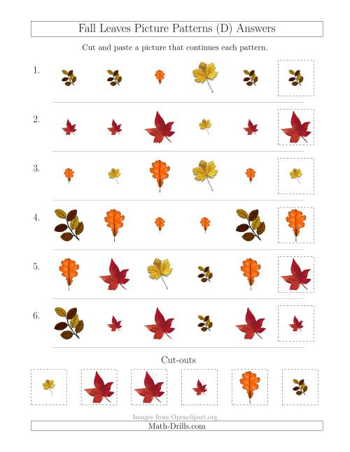 The Fall Leaves Picture Patterns with Shape and Size Attributes (D) Math Worksheet Page 2